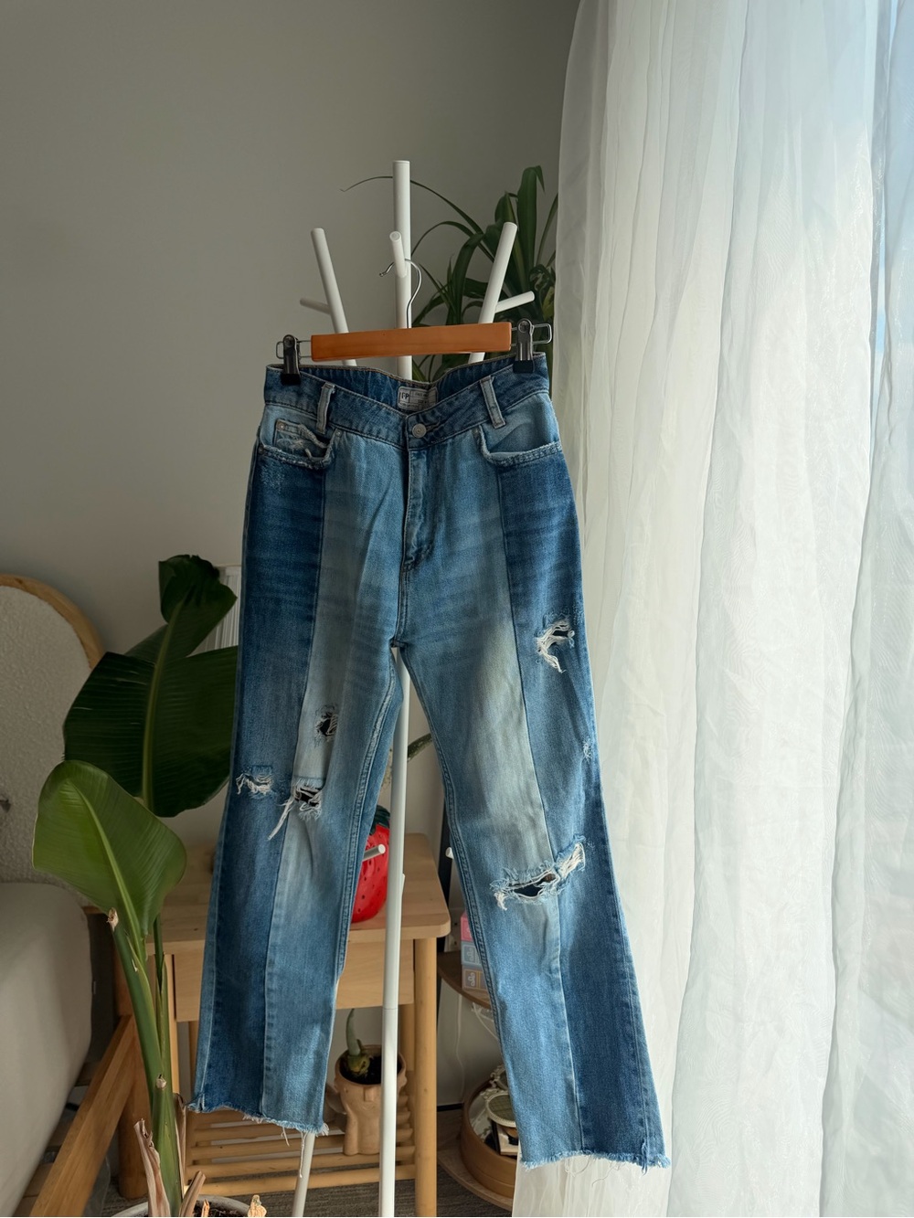 Free People Two-Tone Distressed Blue Straight Leg Jeans